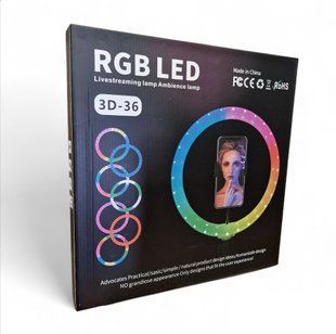 Кільцева світлодіодна RGB Led Лампа 36 см 3D-36 із затискачем для телефону та пультом, Стандарт 77714797 фото