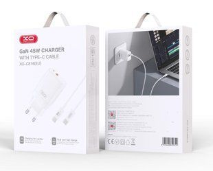 Мережевий зарядний пристрій XO CE16 45W з GaN технологією та кабелем Type-C (1USB-C 45W + 1USB-A 22.5W), Білий 77714217 фото