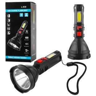 Ліхтар ручний L-830 LED із зарядкою від USB та бічним світлом COB 77713384 фото